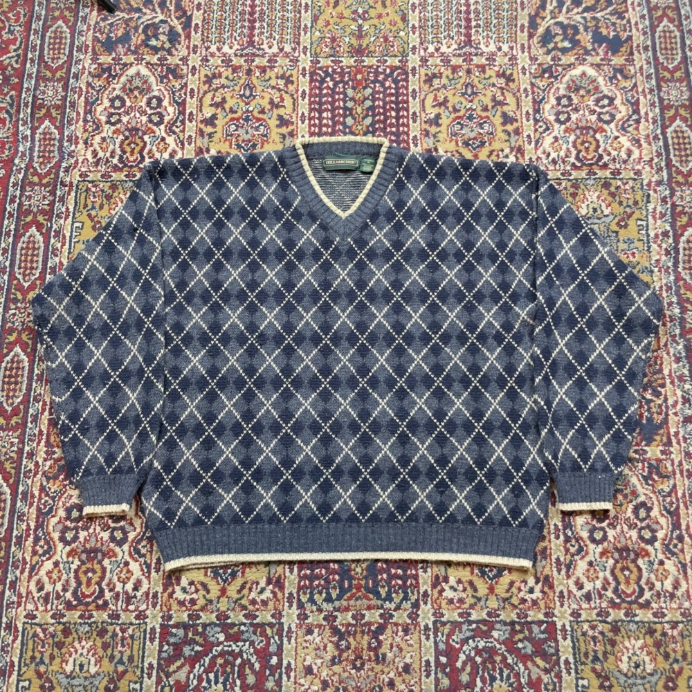VTG 90s Hill Archer V Neck Argyle Sweater Navy Cream Pattern Pullover XL striped